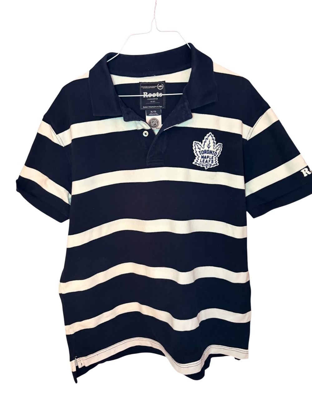 Roots Boys' Navy & White Striped Polo with Maple Leafs Crest